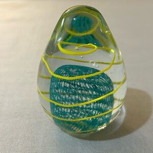 Vintage Art Glass Paperweight With Yellow Stripes Green Latticino